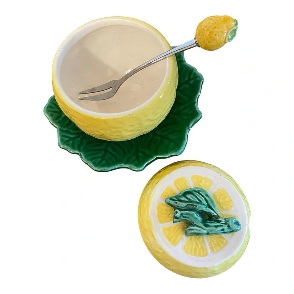 Lemon Pot, Vintage, Yellow & Green, Lemon Lid w/Fork, Realistic